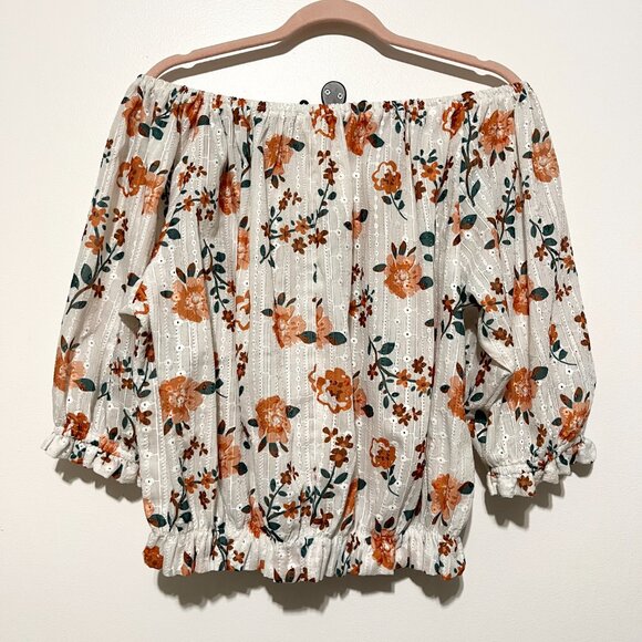 Solitaire Womens Off Shoulder Peasant Blouse Size M Ivory Floral Ruffle Bohemian - Picture 2 of 7